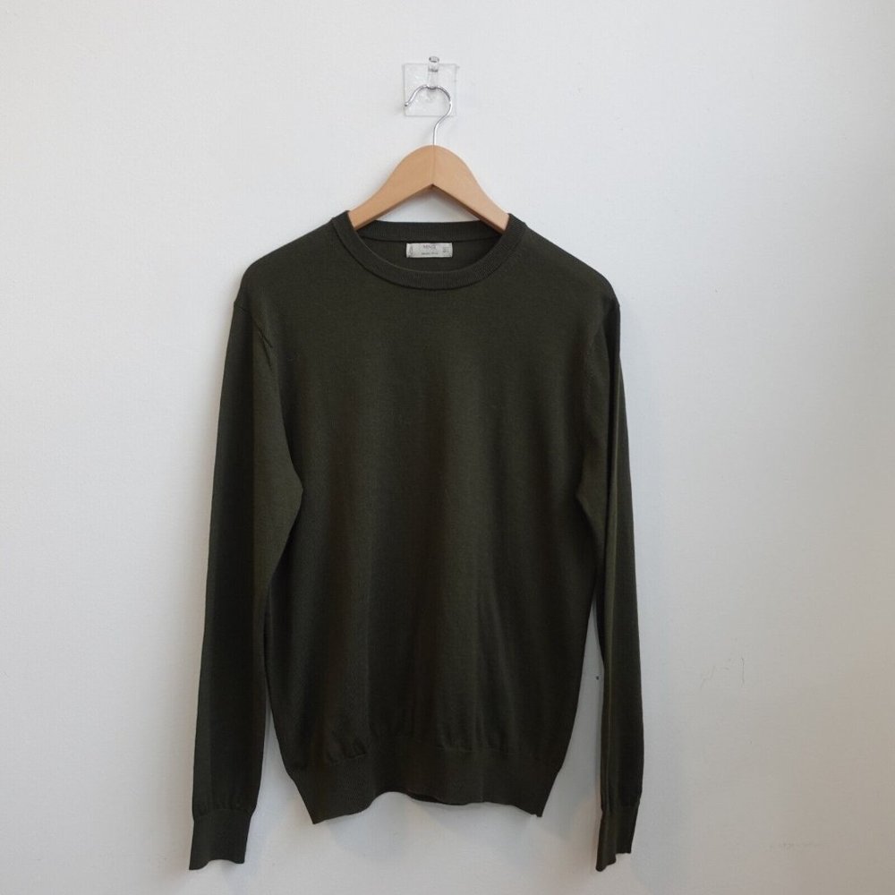 Mango Sweater Mens Size Medium Army Green Wool Knit Casual Pullover Merino MNG‎